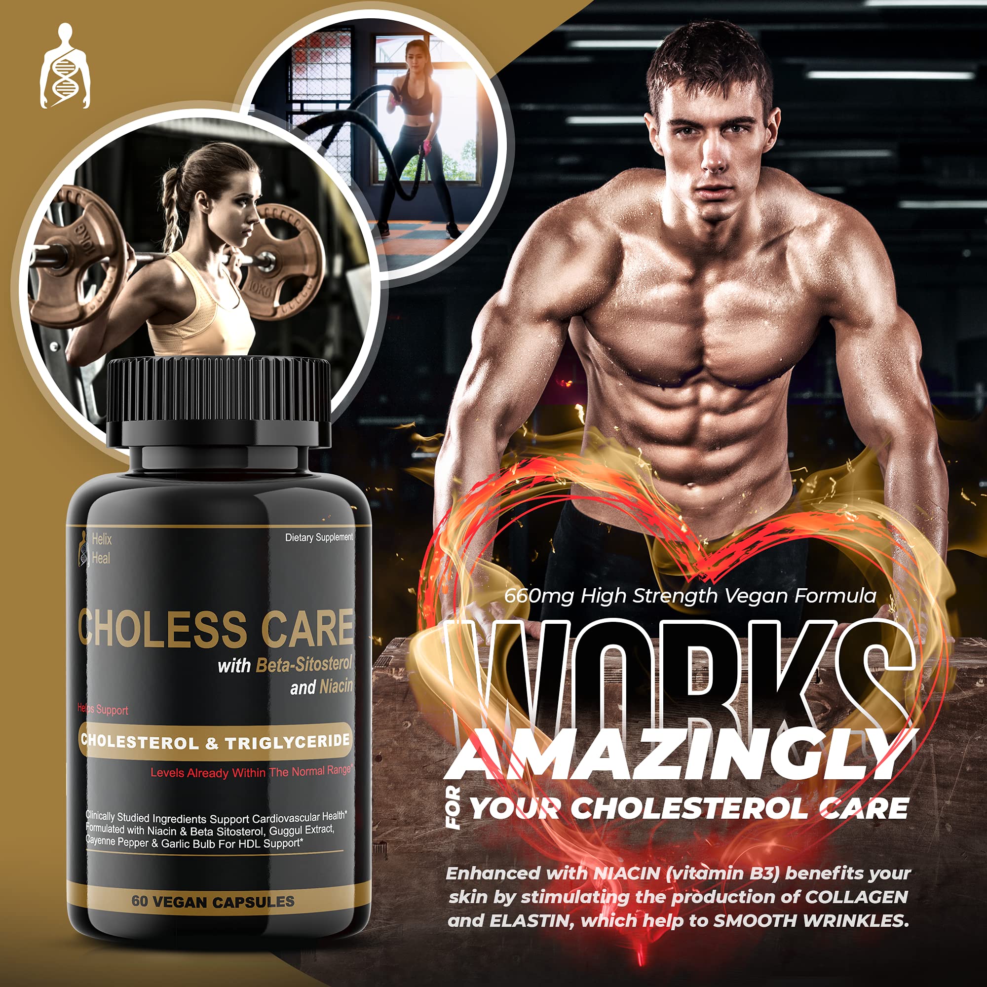 Cholesterol Supplement - Triglycerides Support Capsules w. Organic, Odorless Garlic, Cayenne Pepper, Plant Sterols to Support Normal HDL and LDL Cholesterol Levels w. Antioxidant Niacin (Vitamin B3)