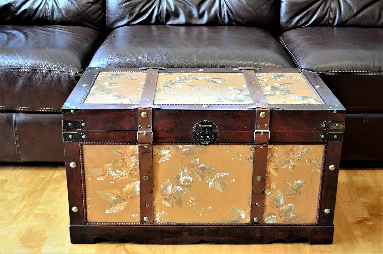 Gold Leaves Medium Wood Storage Trunk Wooden Treasure Chest Storage