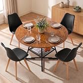 HAPPYMONT 42in Round Dining Table Set for 4, Kitchen Table with Chairs | Circle Table, PU Leather, Metal Cross Base, Storage Shelf, Breakfast Nook, Small Space, Apartment, Living Room, Brown Black