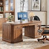 AMBERHAUS 59" Classic Executive Desk with Storage, Victorian Executive Desk with Charging Station, Keyboard Tray, 3 Drawers &amp; 2 Cabinet Storage &amp; 2 Pedestals, Easy Assembly, Dark Walnut