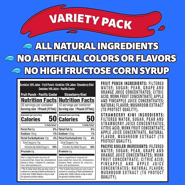 CAPRI SUN FRUIT PUNCH, STRAWBERRY KIWI AND PACIFIC COOLER FLAVORED JUICE DRINK BLEND VARIETY PACK, 30 CT BOX, 6 FL OZ POUCHES
