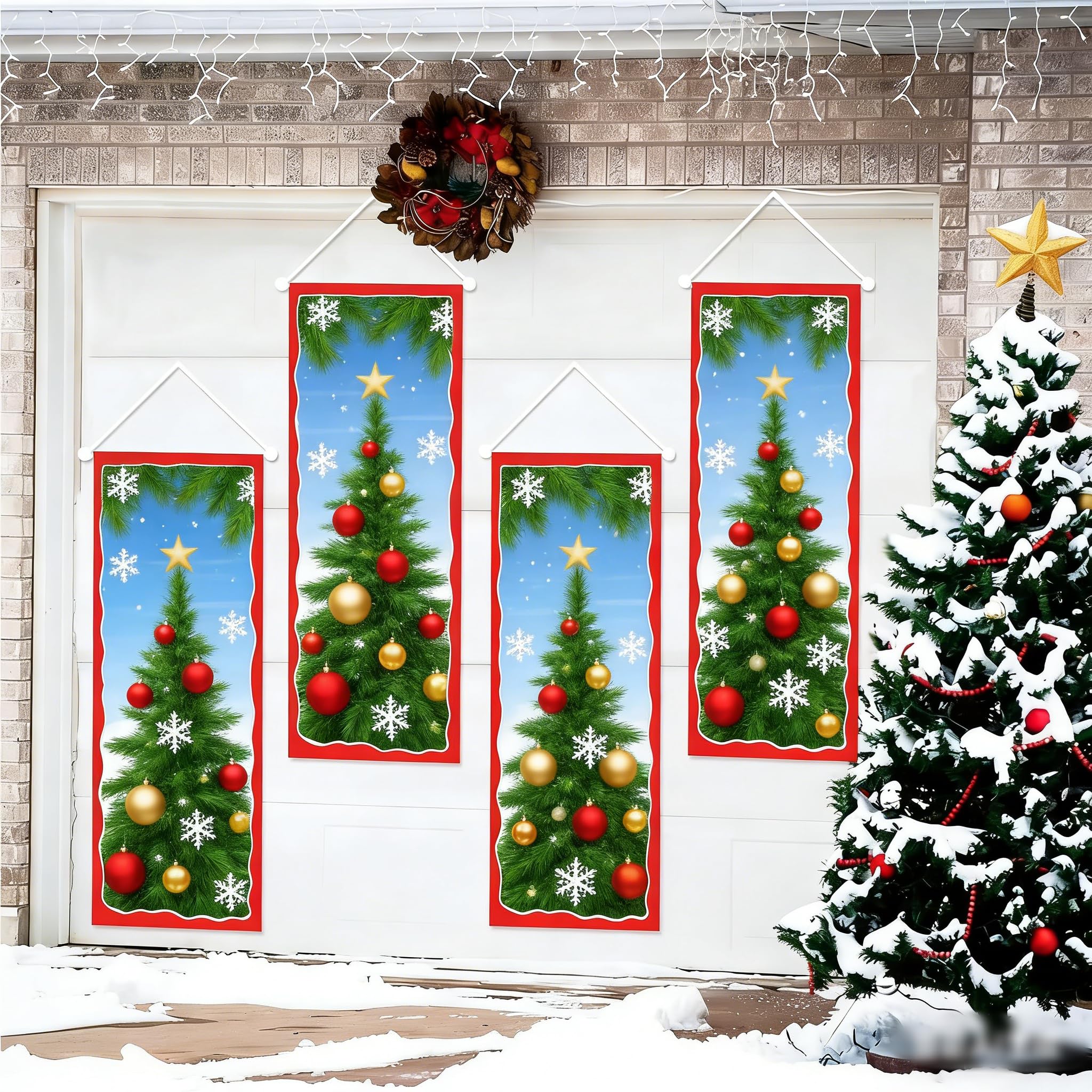 Photo 1 of Ratoyal 4 PCS Christmas Stretching Portraits Christmas Decorations, Christmas Hanging Banner Poster for Wall Decor Christmas Wall Art for Outdoor Indoor