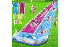VEEST 33 FT Extra Long Water Slide for Kids Adults, Giant Double Lawn Water Slip Heavy Duty with 2 Bodyboards, Summer Water Slide Toys with Crash Pad for Backyard Outdoor