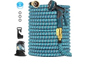 QROMOM Expandable 100 FT Garden Hose with Holder - Heavy Duty Superior Strength 3750D - 5 -Layer Latex Core - Extra Strong Brass Connectors and 10 Spray Nozzle, Lightweight Outdoor Flexible Hose for Yard