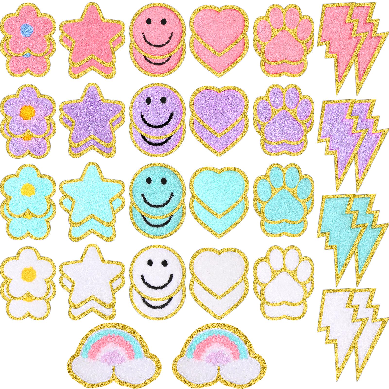 Photo 1 of Yilloog 50 Pcs Self Adhesive Chenille Patches Paw Print Smile Face Heart Patch Preppy Sticker Chenille Rainbow Sew on Sticker for Jackets Jeans(Cute Style,Macaron Color)