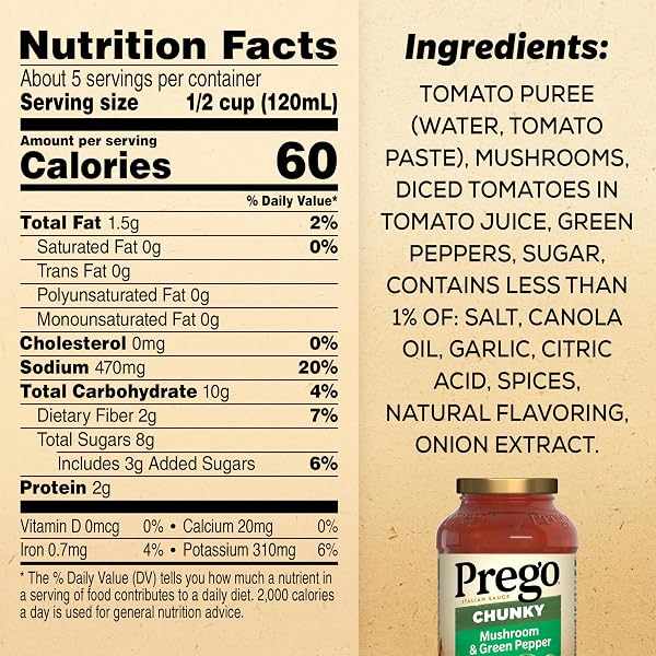 PREGO CHUNKY MUSHROOM AND GREEN PEPPER PASTA SAUCE, 23.75 OZ JAR