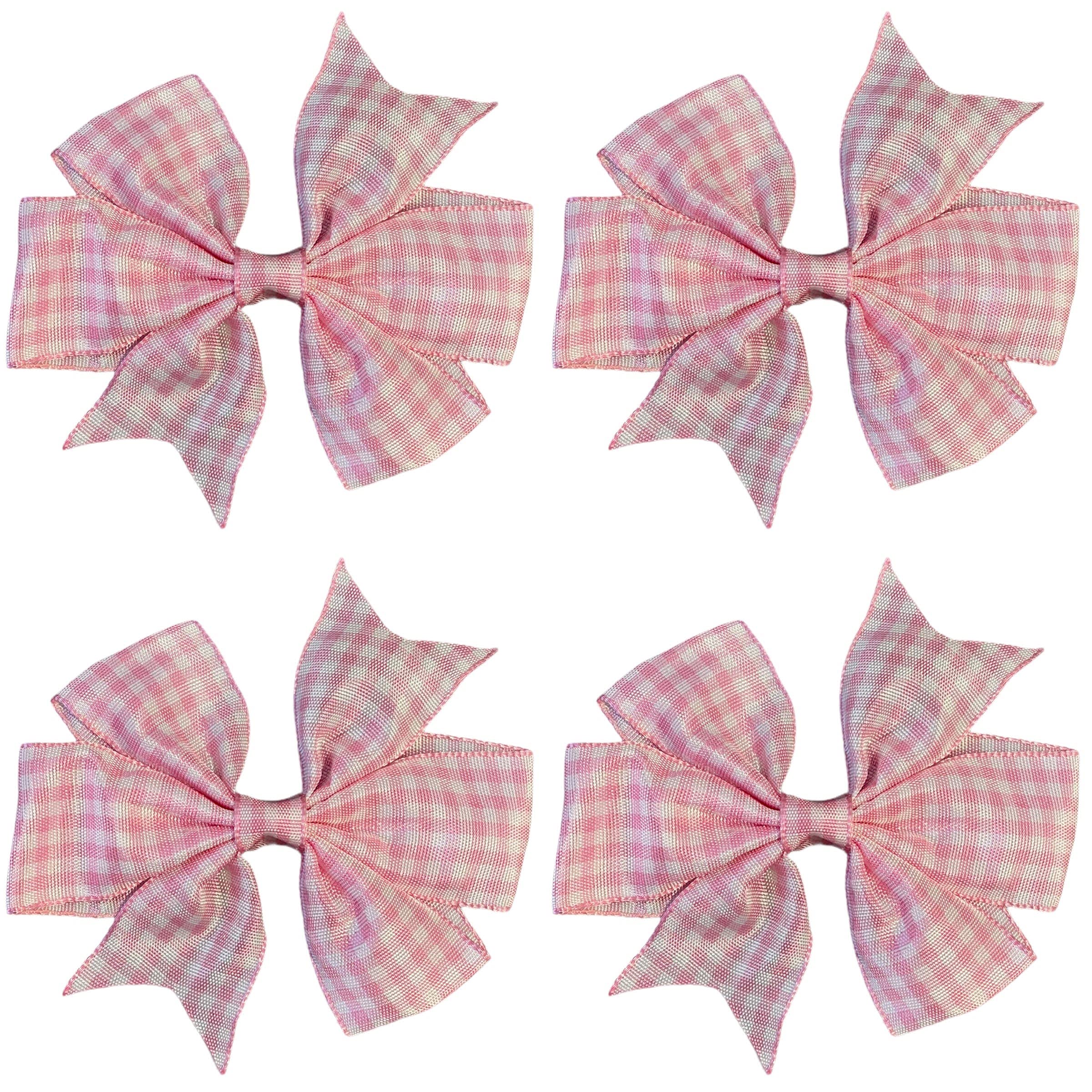 School Gingham Cross Hatch Hair Bows Clips Slides Grips 3" inch Solid Vibrant Colours Hairbows 4 Pack (Pink)