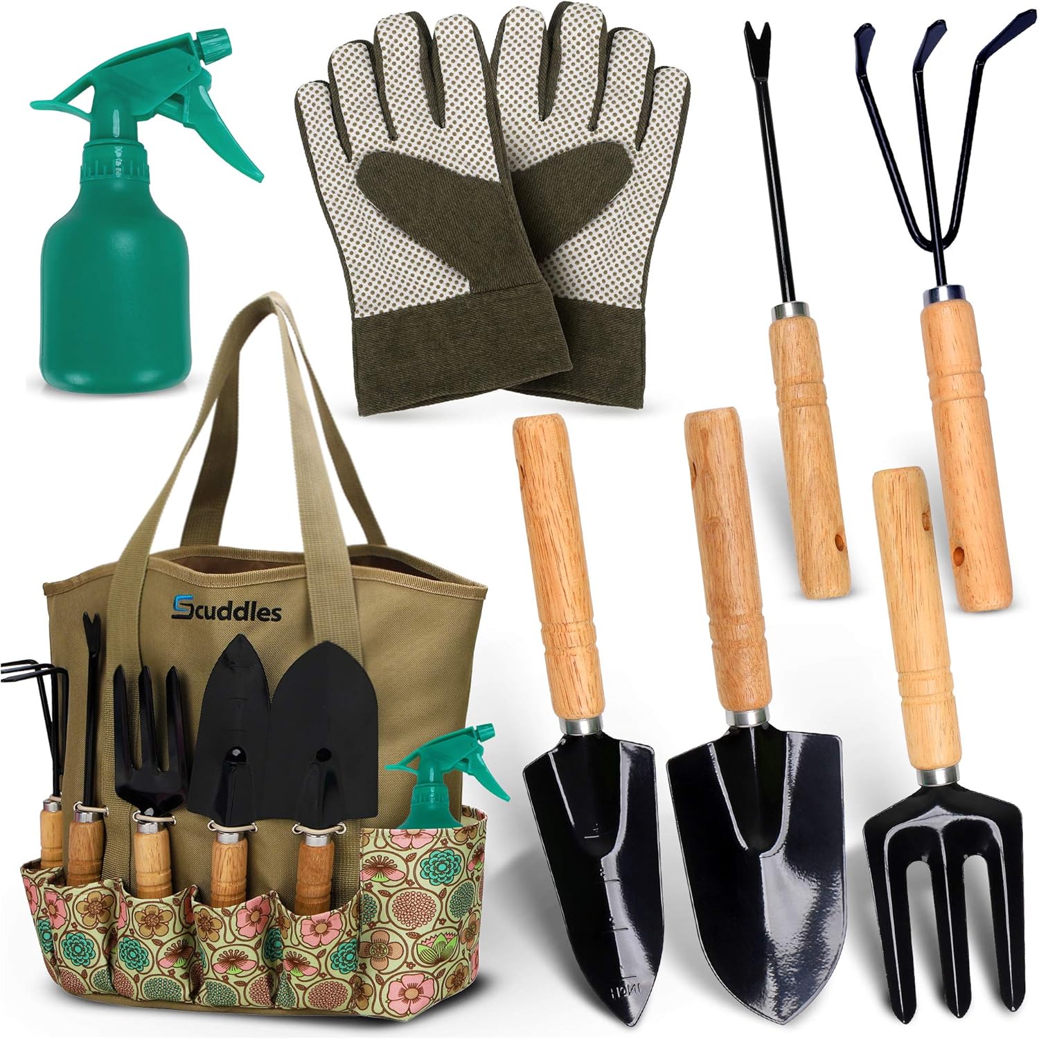 Scuddles Garden Tools Set - 8 Piece Heavy Duty Gardening Kit with Storage Organizer, Ergonomic Hand Digging Weeder Rake Shovel Trowel Sprayer Gloves Gift for Men Or Women : Garden & Outdoor