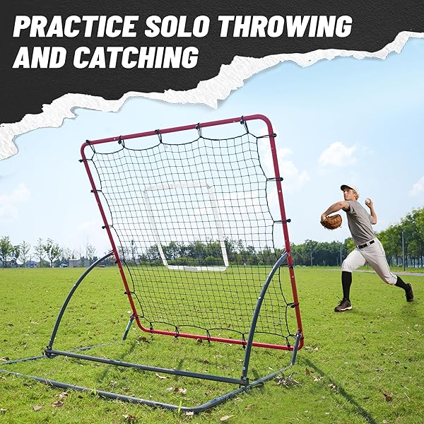 TELURY HEAVY DUTY BASEBALL REBOUNDER NET 4X4.5 FT PITCHBACK WITH 3 ADJUSTABLE ANGLES, BASEBALL AND SOFTBALL BOUNCE BACK NET FOR GROUND, LINE DRIVE, FLY BALL RETURN SETTINGS FIELDING TRAINER (RED)