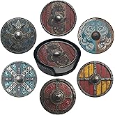 Viking Shield Coasters Leather Round Drink Coasters 6 Pcs Set with Holderor for Cup Drink Coffee Table Bar Home Decor