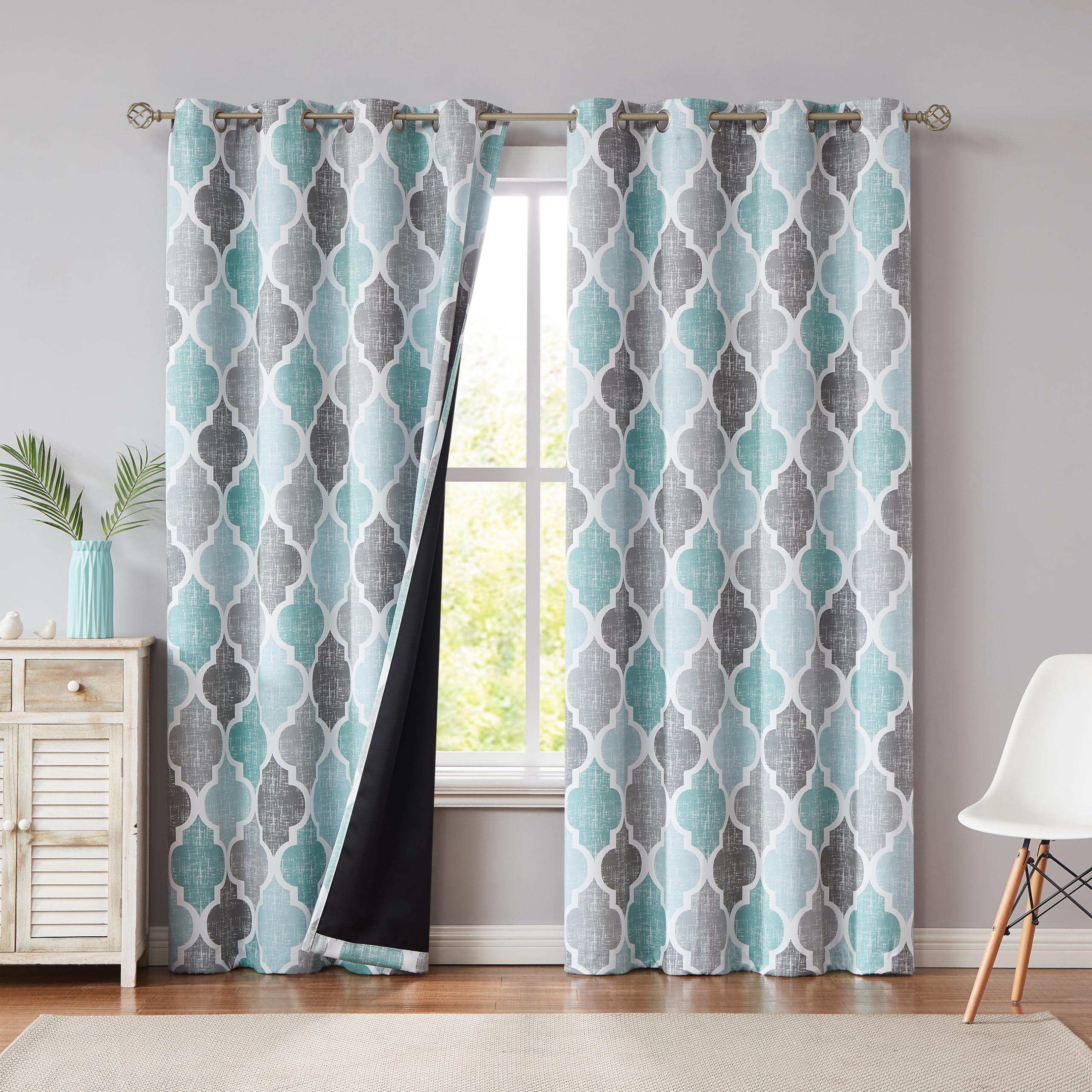 Beauoop Teal Grey Blackout Curtains for Bedroom 72 Inch Drop Geometric Curtains Lattice Moroccan Print Room Darkening Thermal Insulated Energy Efficient Window Curtain Drapes 2 Panels