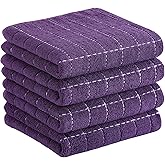 Homaxy 100% Cotton Terry Kitchen Towels(Purple, 13 x 28 inches), Checkered Designed, Soft and Super Absorbent Dish Towels, 4 Pack