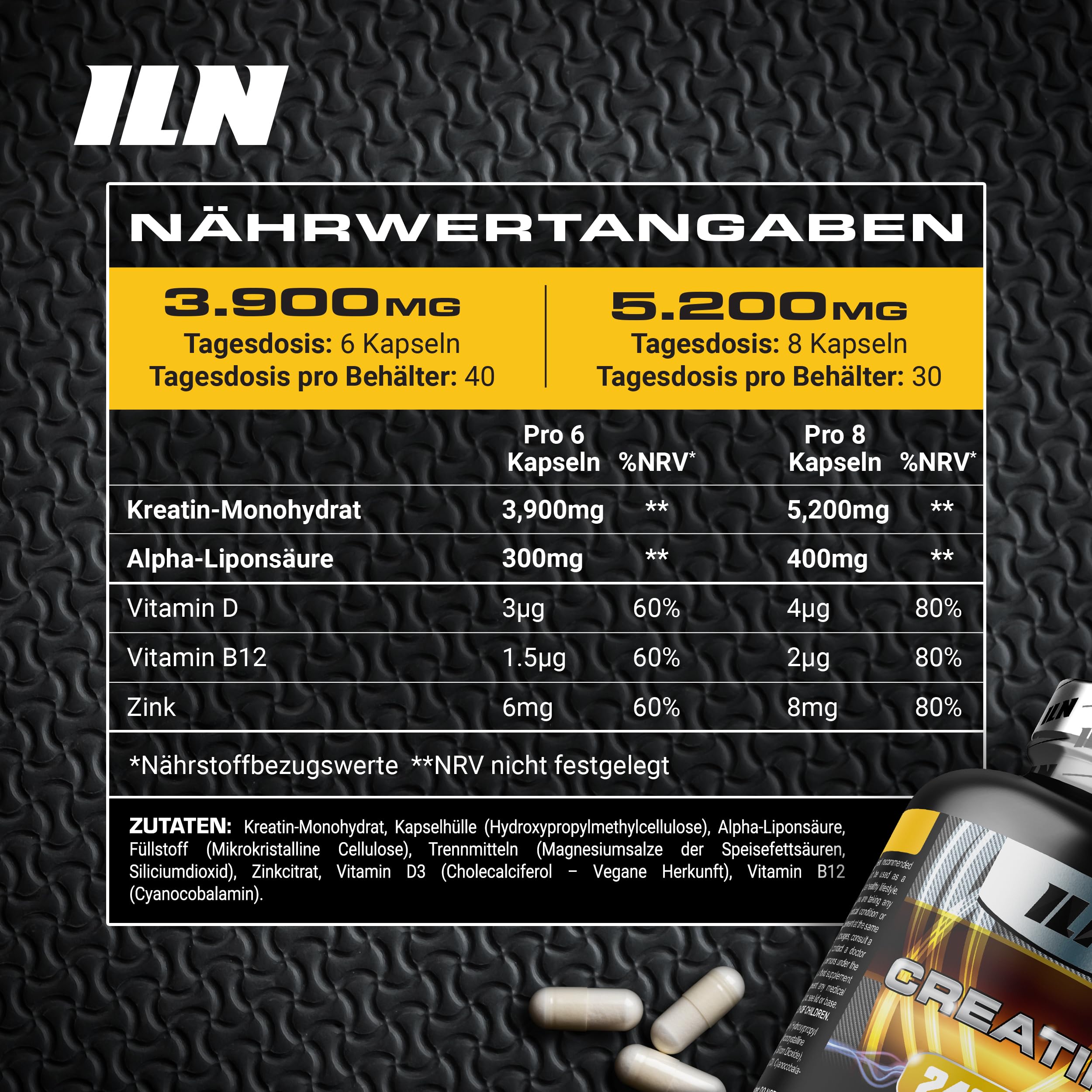 ILN – Creatin Kapseln – 5.200 mg Kreatin Monohydrat pro Tag – 240 vegane Kapseln – Kreatin Kaplsen für Training & Muskelaufbau 2
