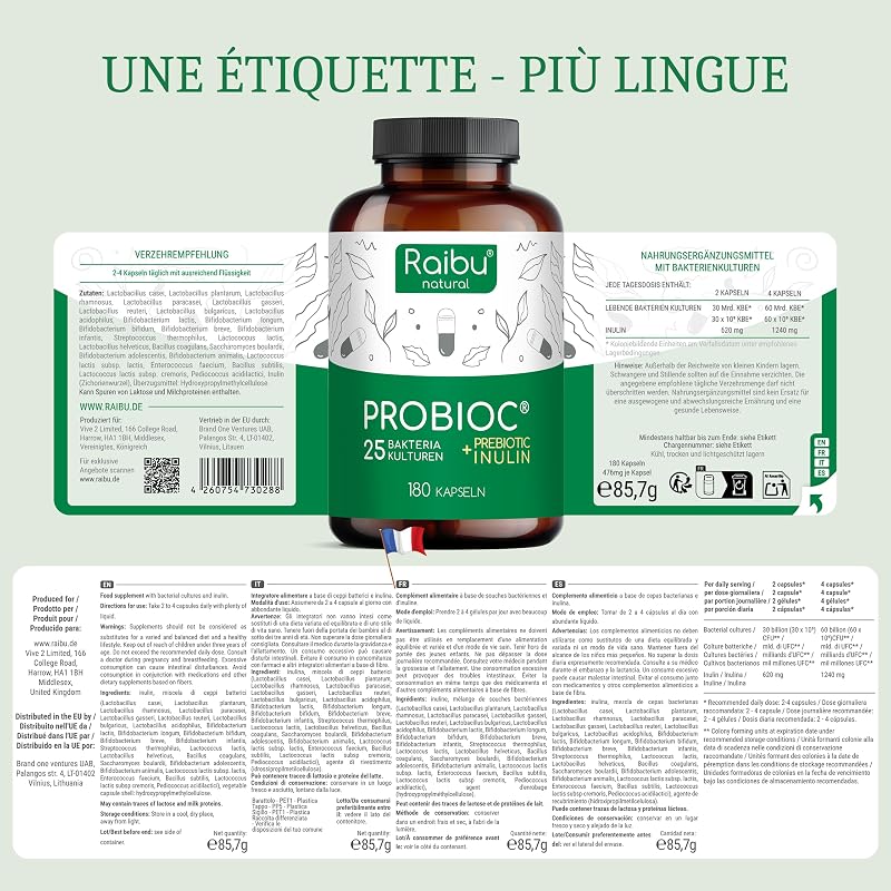 Probiotique Flore Intestinale, 180 Gélules Gastro-résistantes - 60 Milliards UFC/Jour: 25 Souches Exclusives dont Lactobacillus Gasseri + Bifidobacterium - l’Équilibre de la Flore Intestinale