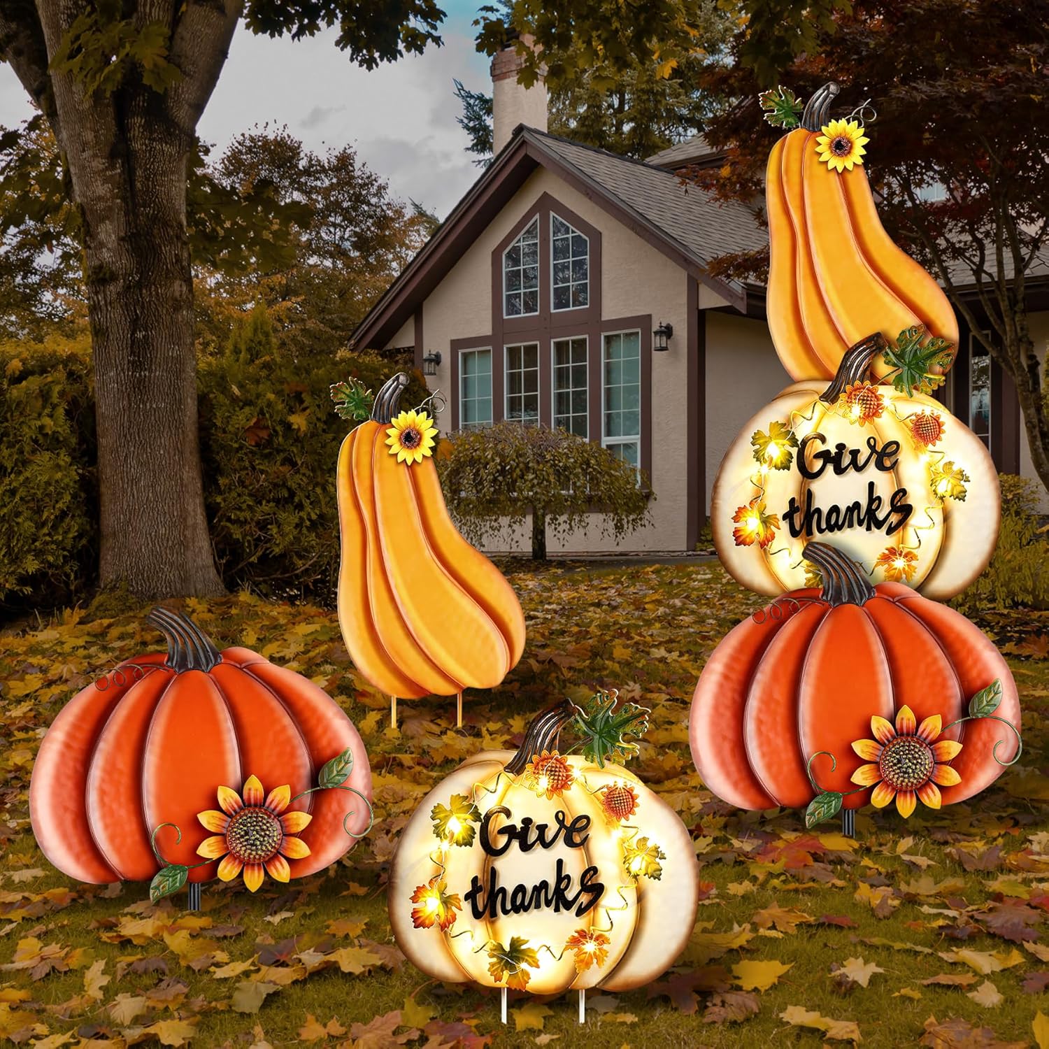 Yard Signs - Fovths 3 Pieces Metal Fall Pumpkins Garden Yard Signs Stakes Giant 39 Inch LED Metal Thanksgiving Pumpkin Yard Sign Waterproof Fall Harvest Metal Pumpkin for Outdoor Yard Lawn Decor