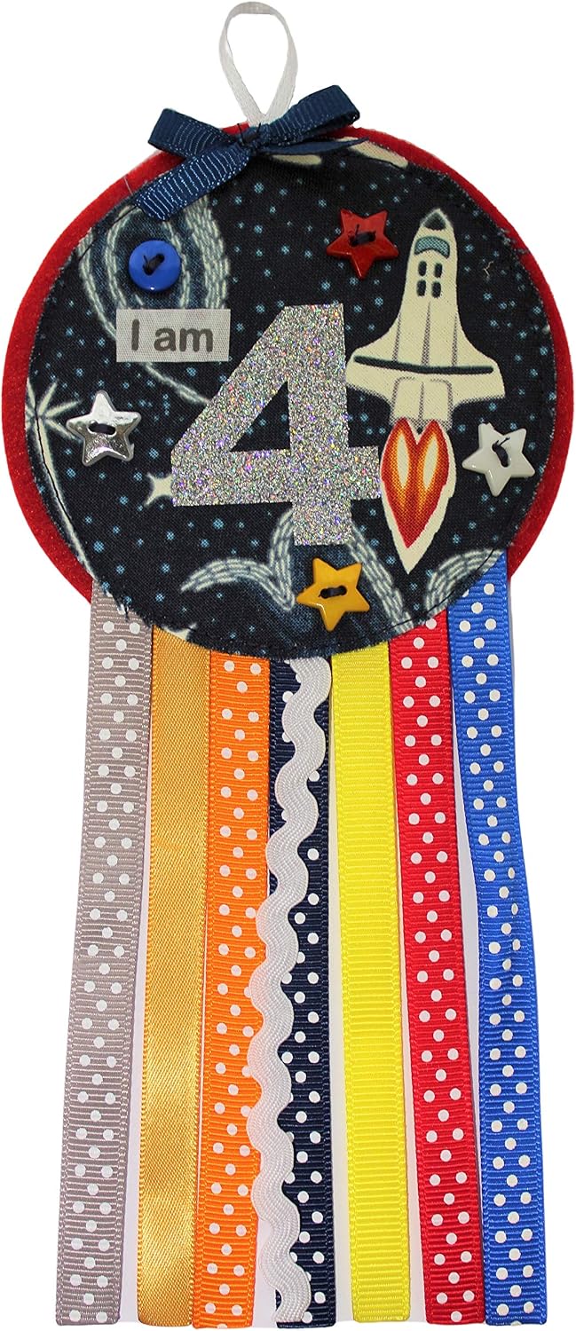 Ditsy Rosettes Space Shuttle Rockets Birthday Rosette Badge, Age 3, 4, 5, 6, 7, 8, 9, Perfect Party Gift card, Birthday Boy