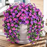 Artificial Fake Hanging Flowers Plants for Outdoor Outside Fall Decor, 2 PCS Faux Silk Daisy Mums Vines UV Resistant Realistic for Home Porch Patio Balcony Planter Decoration(Dark Purple and Fuchsia)