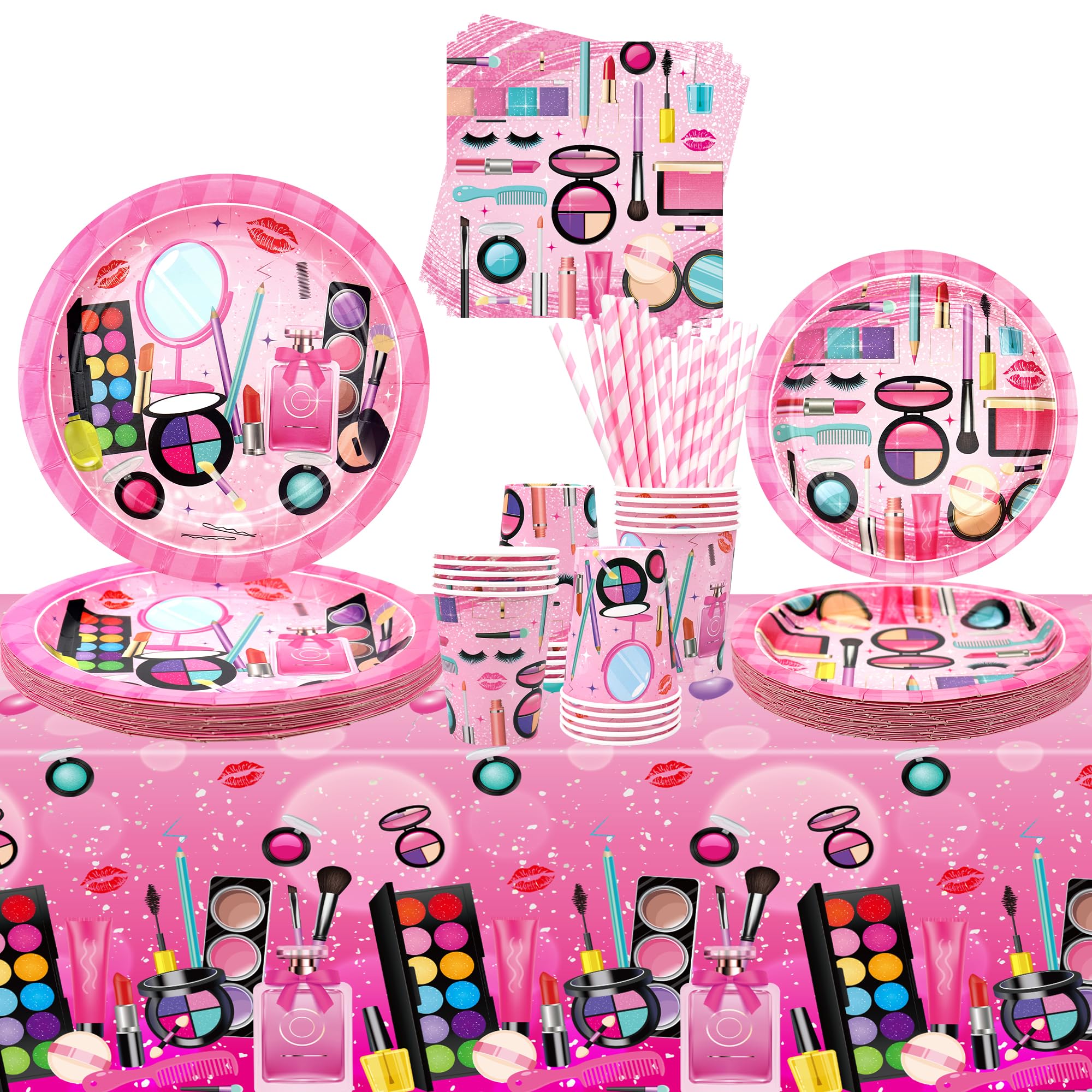 ENCETARDE Party Spa Supplies, Makeup Theme Tableware - Dinner Plates, Dessert Plates, Cups, Napkins, Tablecover for Girls & Women, Serves 20