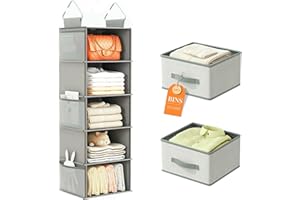 Z&L HOUSE 5 Tier Hanging Closet Organizer, Collapsible Thicken Hanging Shelves, with 3 Side Pockets and 2 Removable Drawers, Suitable for Bedroom Closet Clothing Storage Grey