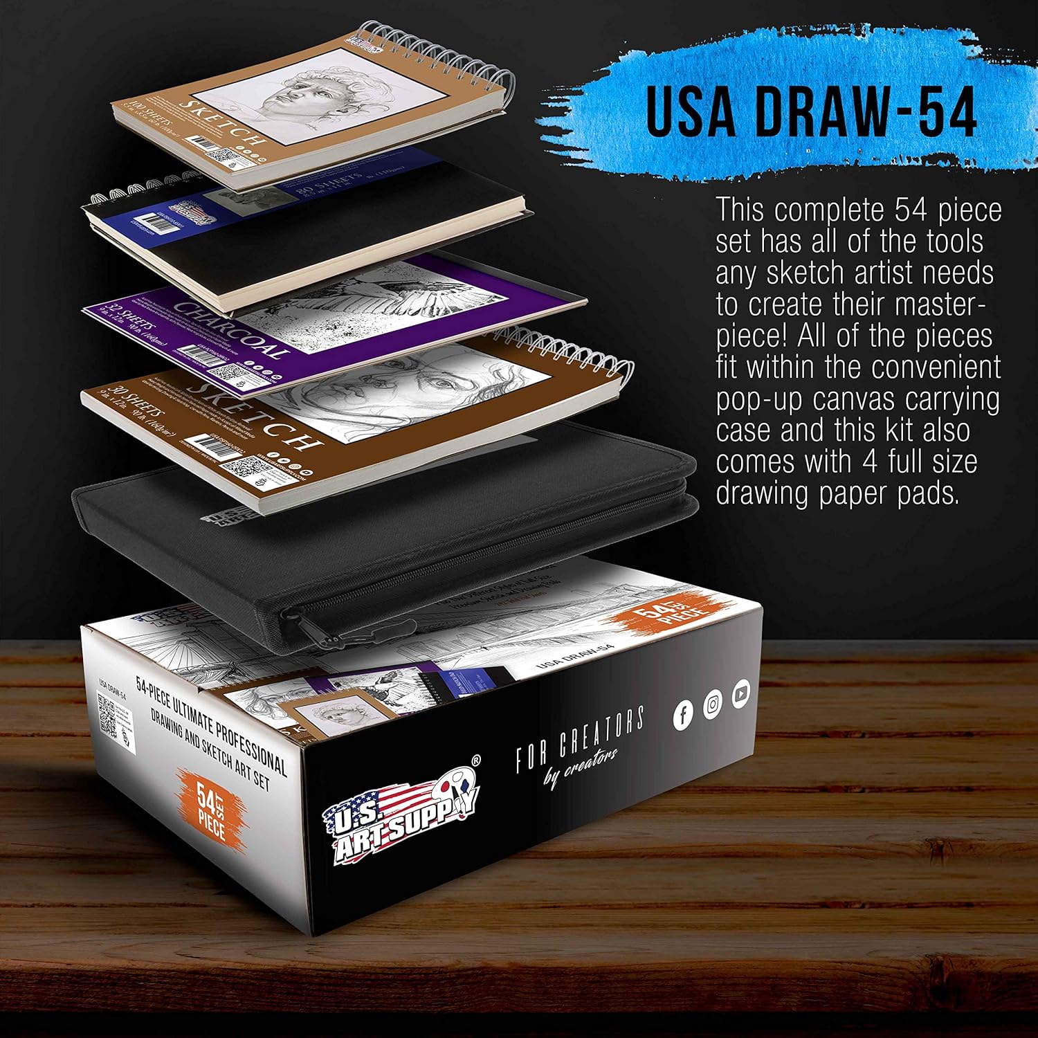 U.S. Art Supply 54-Piece Drawing & Sketching Art Set with 4 Sketch Pads (242 Paper Sheets) - Ultimate Artist Kit, Graphite and Charcoal Pencils & Sticks, Pastels, Erasers - Pop-Up Carry Case, Students : Office Products