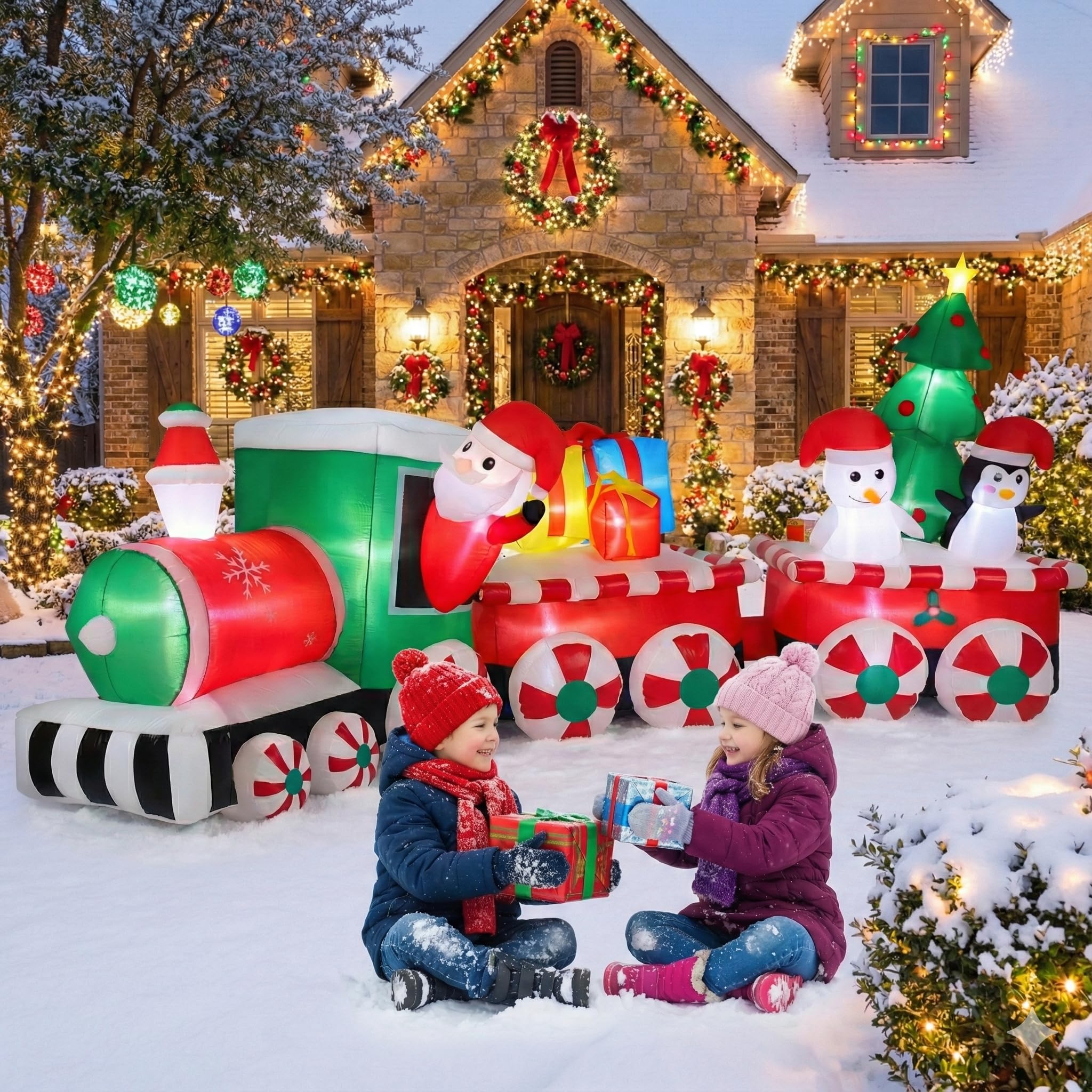 Photo 1 of 12FT Long Christmas Inflatables Decorations, Outdoor Santa Train Decoration, Giant Blow Up with with Built-in LED Lights for Yard Garden Lawn Holiday Decor