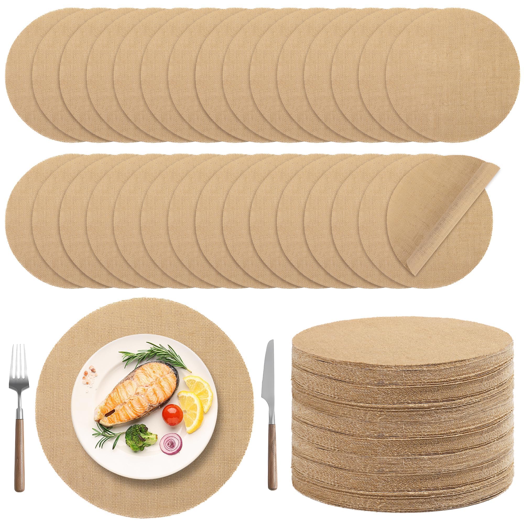 Photo 1 of Kochorie 100 Pieces Burlap Placemats 11.8 Inch Round Reusable Brown Table Mats Natural Jute Fibers Placemats Bulk Circle Rustic Table Decorations for Dining Wedding Holiday Farmhouse Supplies