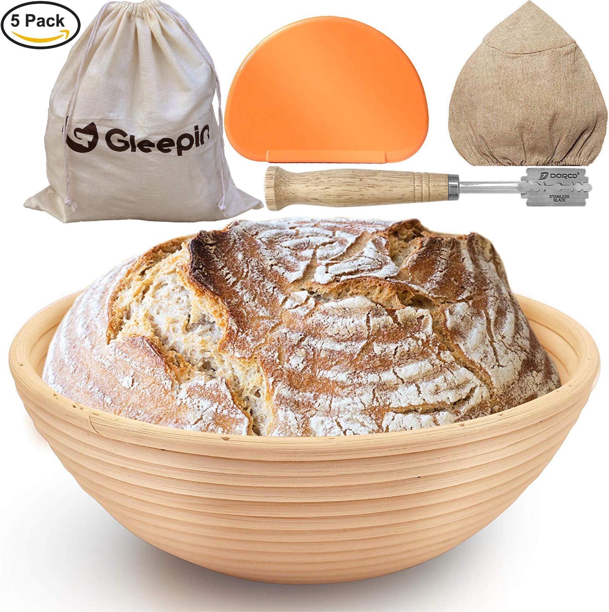 GLEEPIN SET: 9 Inch Round Banneton Proofing Basket Sourdough Bread Baking Tools, Rattan Handmade Bread Proofing Baskets & Bread Lame Dough Scoring Tool & Dough Scraper & Linen Liner Cloth &Bread Bags