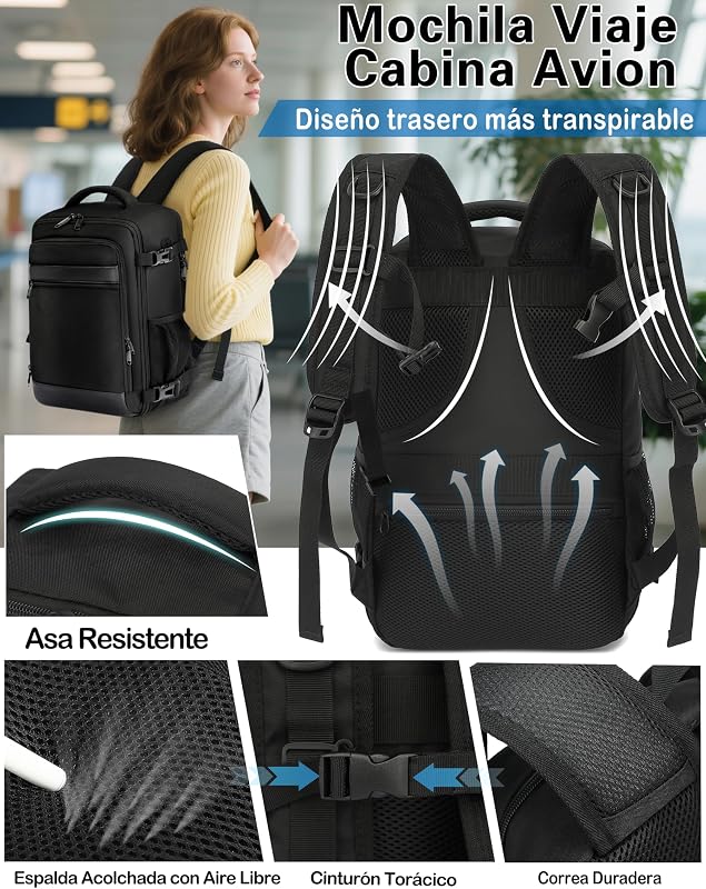 Mochila 40x30x20 Viaje Cabina Avión Equipaje de Mano 24L para Ryanair EasyJet Eurowings, Capacidad para Portátil 15,6 Pulgadas, Hombre Mujer, Negro