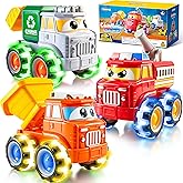 GlowRover 3 Pack Monster Truck Toys, City Utility Cars with LED Light Up Wheels, Friction Powered Cars for Toddlers Boys Girl