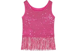 Noomelfish Girls Sequin Fringe Crop Tops Tassel Sparkly Glitter Dance Sleeveless Tank Shirt (5-12 Years)