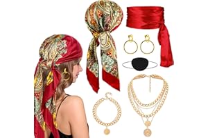 Amlisia Womens Pirate Costume Accessories Set, Captain Pirate Accessories with Head Scarf Necklace Jewelry for Party (Red)