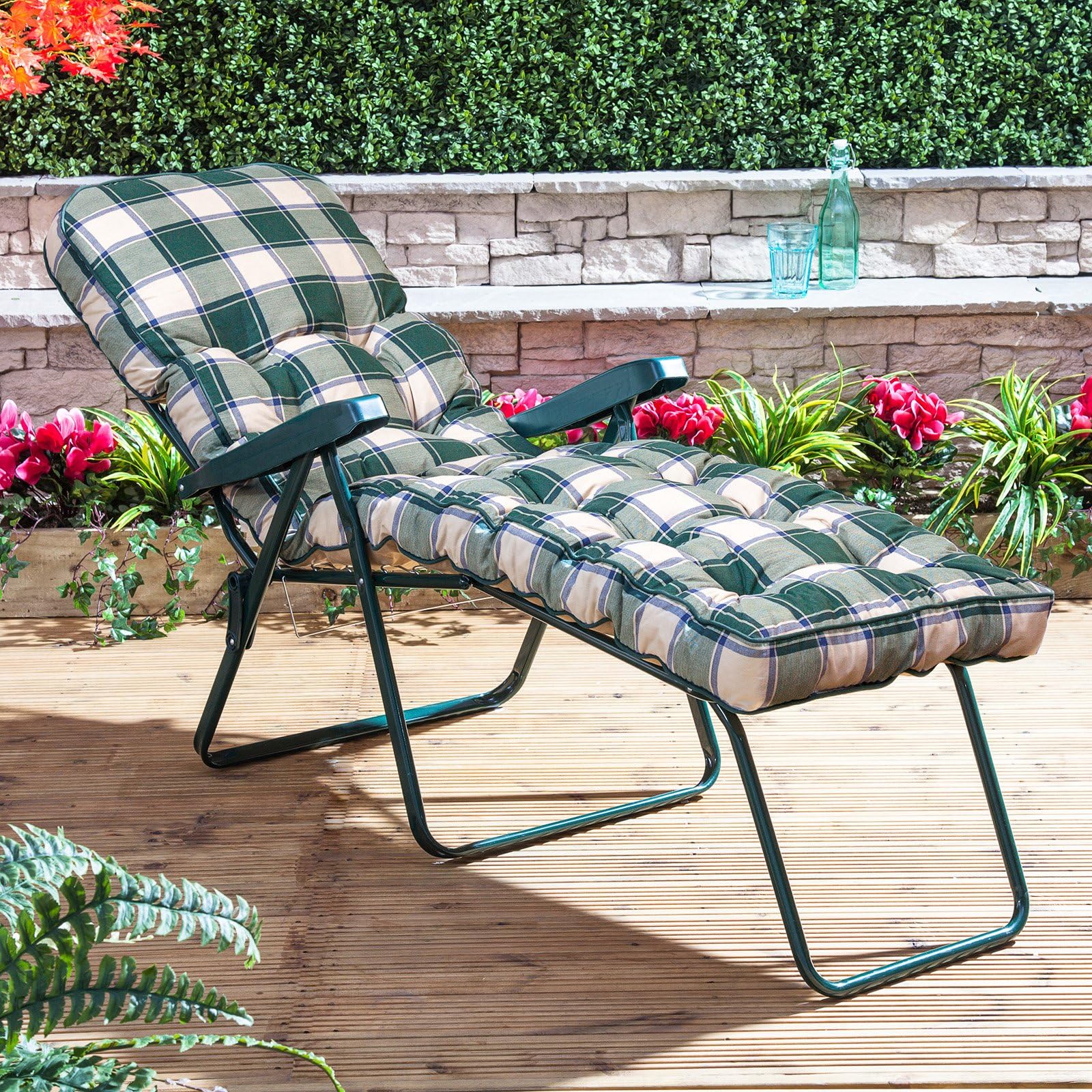 Alfresia Sun Lounger - Green Frame with Classic Green Check Cushion