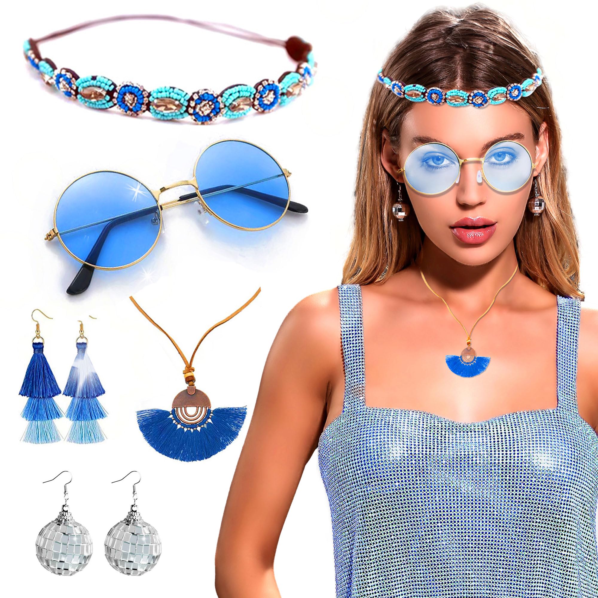 JeVenis 5 PCS Mamma Mia Accessories Abba Headband Disco Blue Sunglasses Mamma Mia Costume Abba Costumes Women's Disco Costume Mamma Mia Decoration