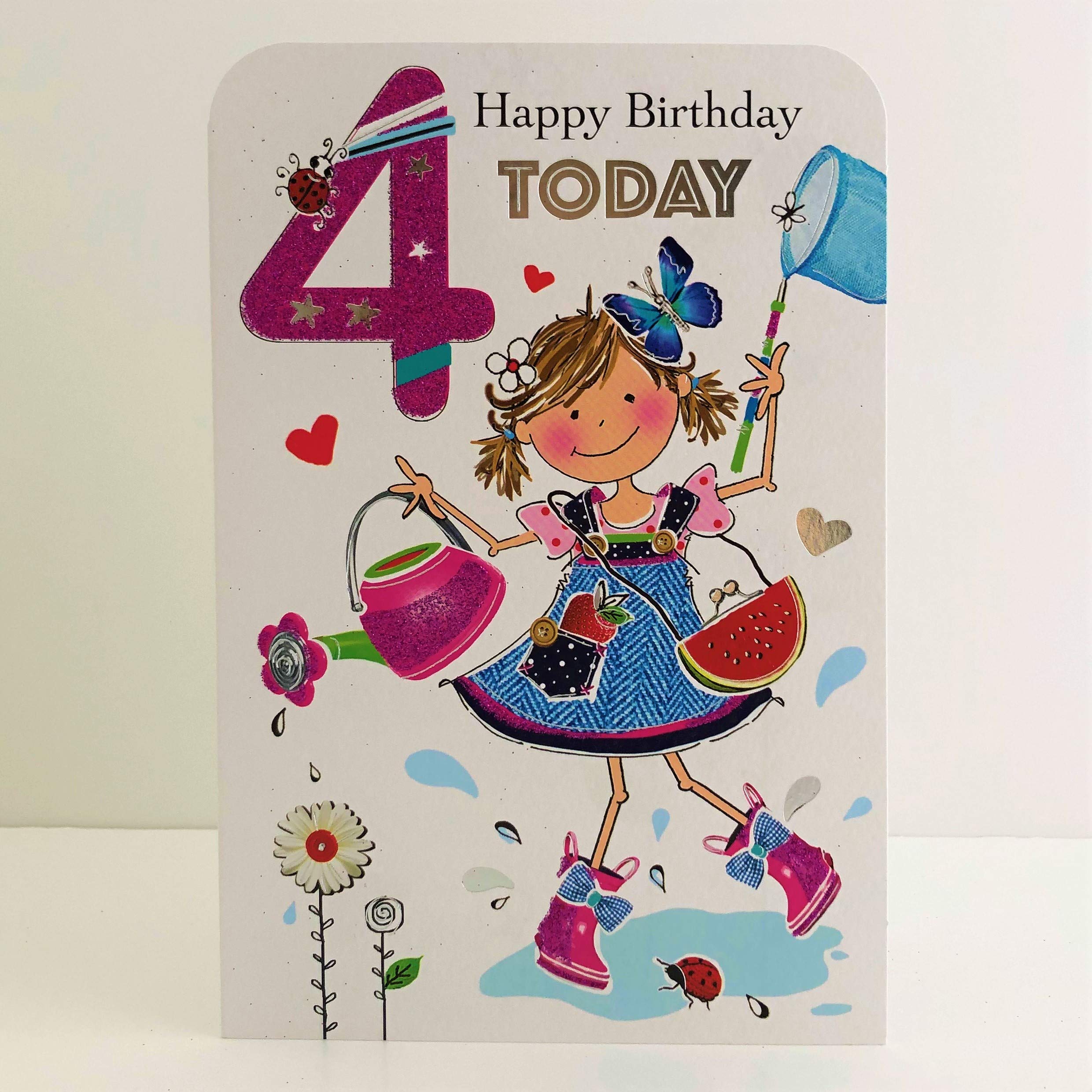 Jonny Javelin Girl Age 4 Birthday Card - Girl Watering Can Fishing Net