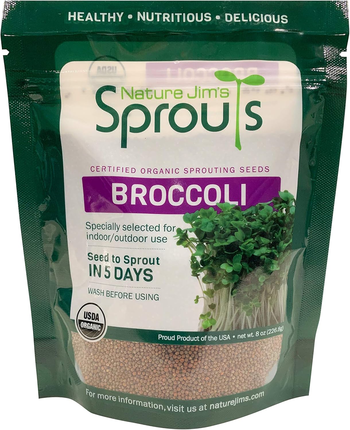 Nature Jim's Sprouts Broccoli Sprout Seeds - Certified Organic Broccoli Sprouting Seeds for Indoor/Outdoor Use - Rich in Sulforaphane Healthy, Nutritious Broccoli Seeds Sprout in 5 Days - 8oz
