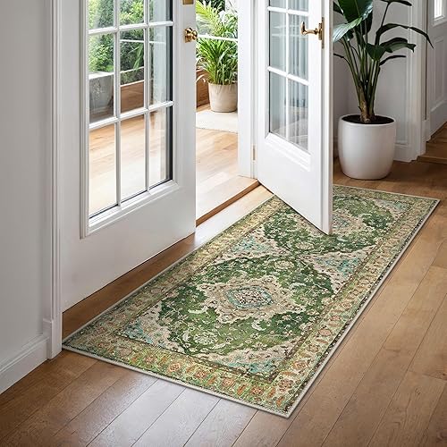 BEIMO Runner Rugs for Hallway 60x120CM, Non-Slip Extra Long Washable Runner Rugs Soft Low Pile, Modern Vintage Rug Carpet Runners for Entryway Kitchen Bedside Laundry Room,Beige Green