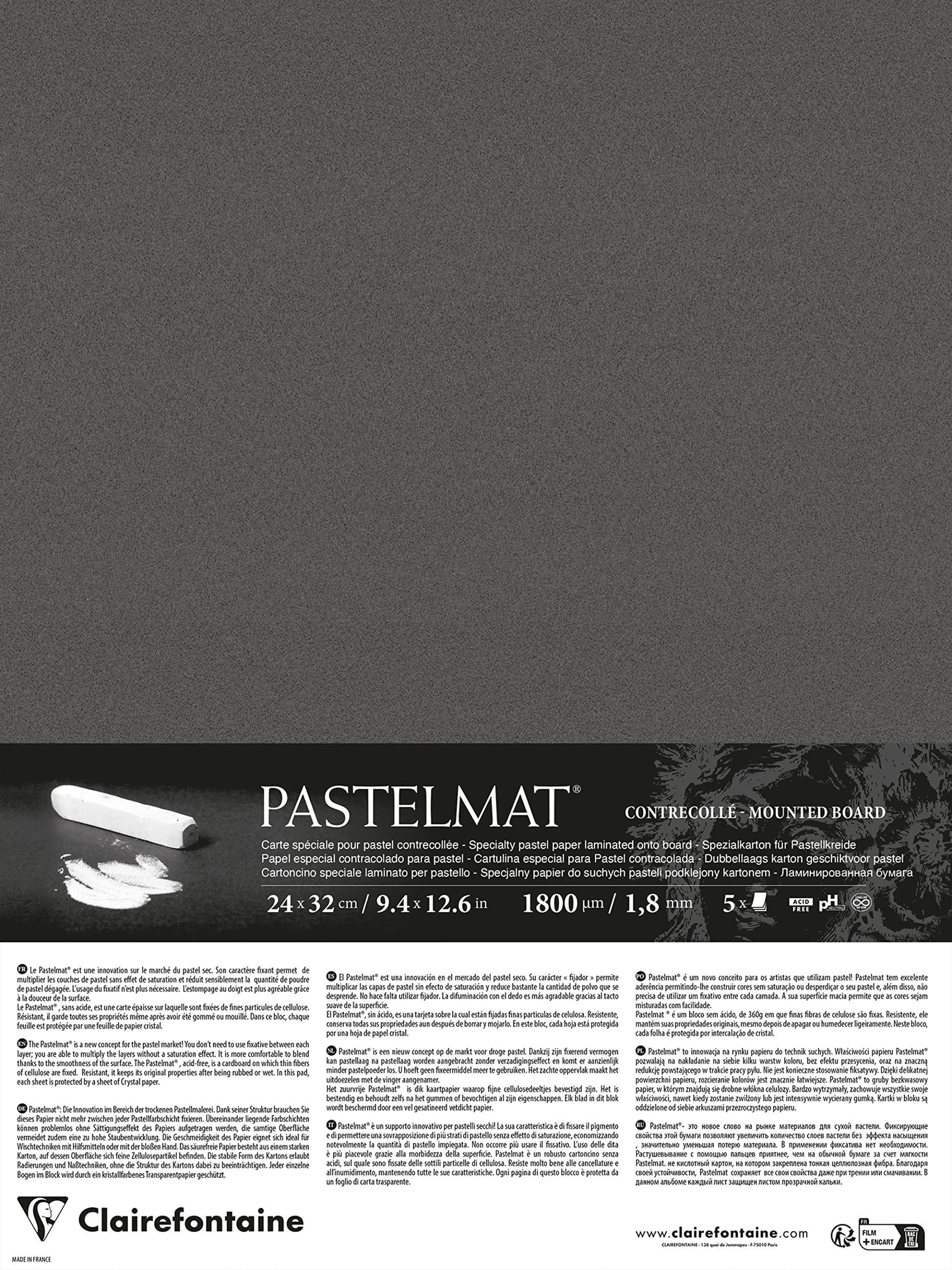 Clairefontaine 796009C - Pastelmat Laminated Paper - 5 Laminated Sheets Special Card for Dry Pastels - 24x32 cm 360g 1.8 mm - Anthracite - Made in France