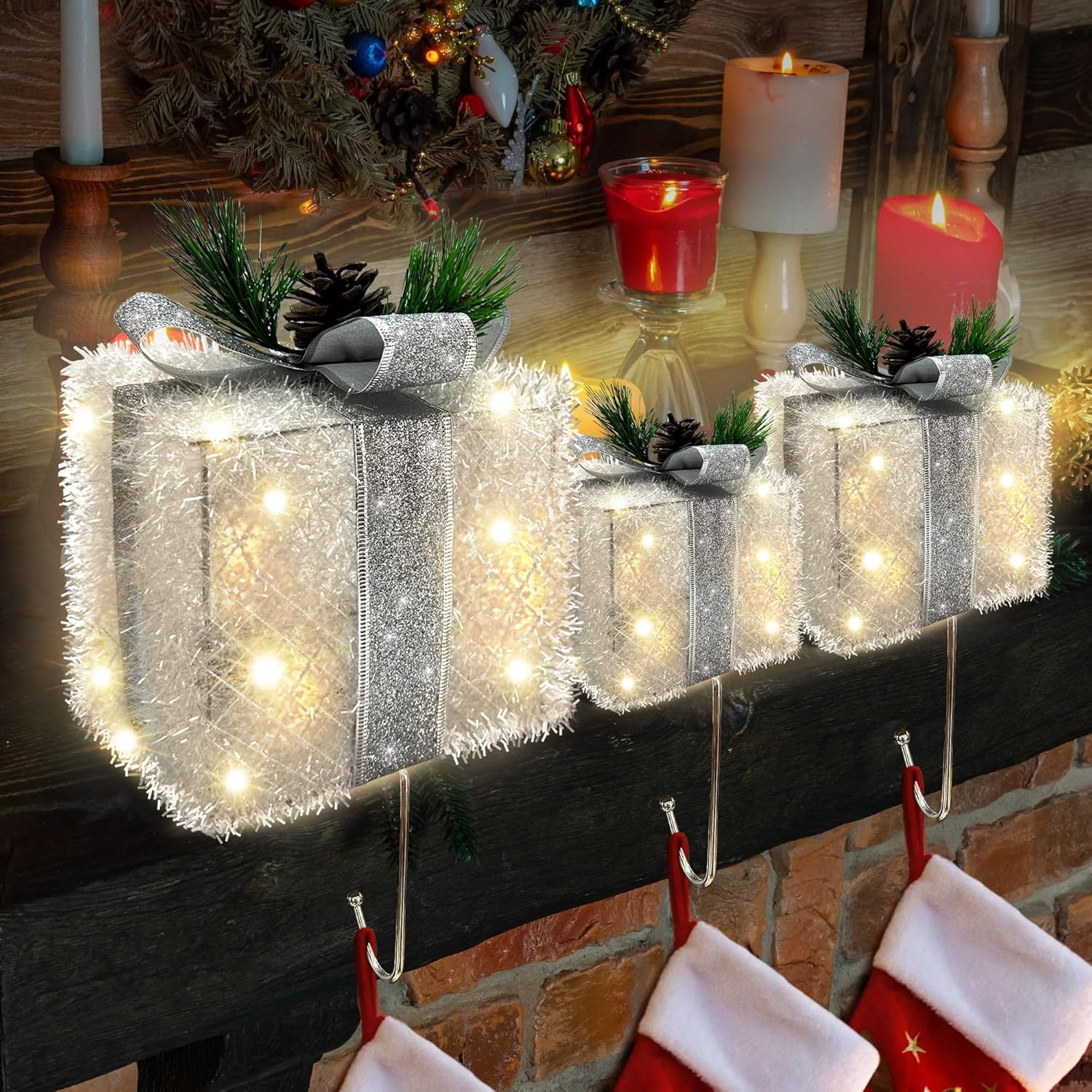 Stockings & Holders - Hexagram Christmas Stocking Holders for Mantle LED Gift Box Set of 3, Christmas Decorations Indoor for Home Fireplace Floor, Stocking Hangers for Mantel, Xmas Lighted Decor Stocking Holder Silver