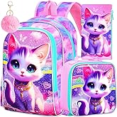 TXHVO 3Pcs Cat Backpack for School, 16" Girls Bookbag with Lunch Box, Kids Backpacks Set for Elementary Preschool Kindergarten(Pink)
