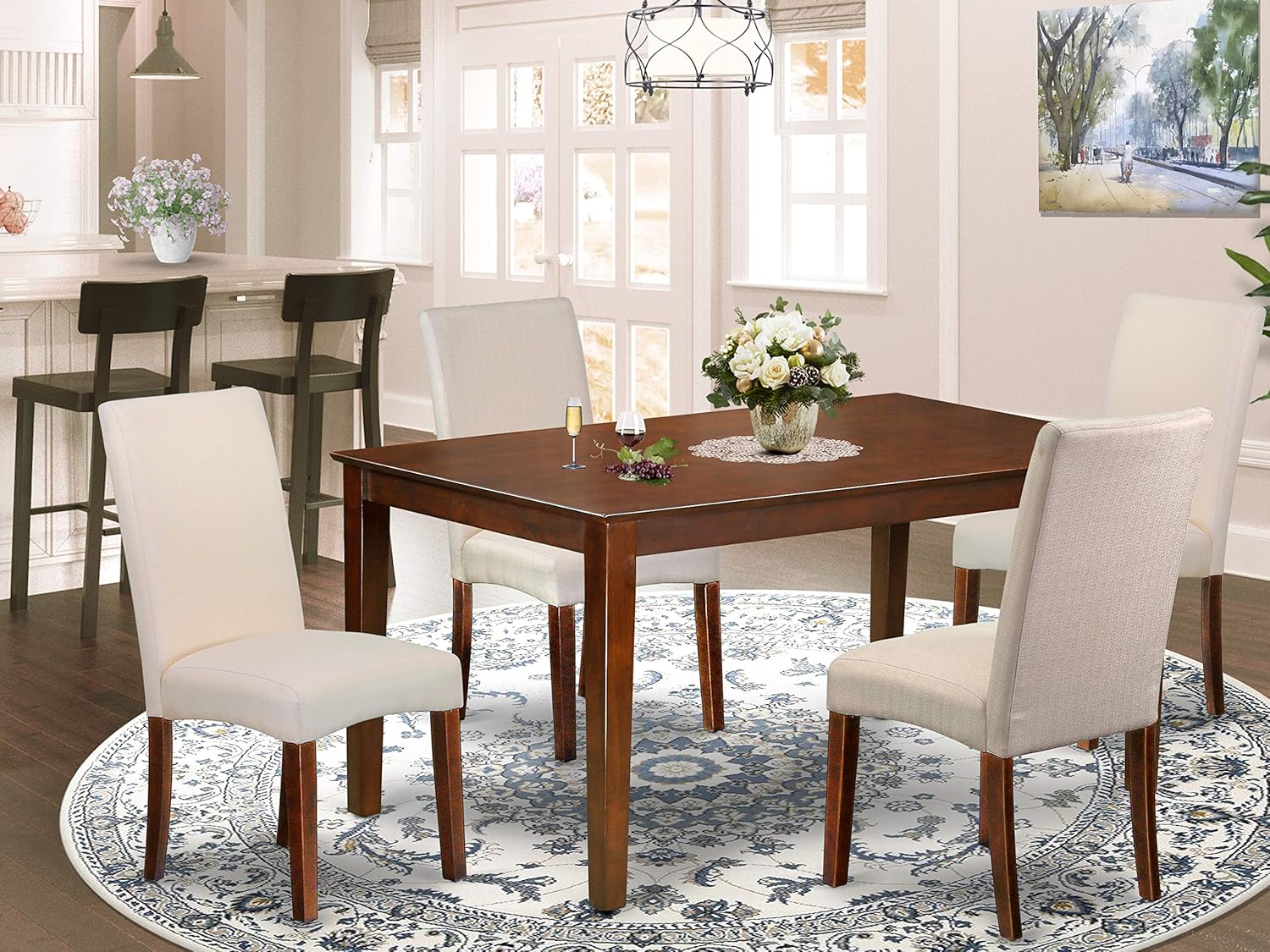 East West Furniture Dining Room Set 5 Pieces - Cream Linen Fabric Dining Room Chairs - Mahogany Finish 4 legs Solid Wood Rectangular Kitchen Table and Frame
