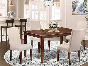 East West Furniture Dining Room Set 5 Pieces - Cream Linen Fabric Dining Room Chairs - Mahogany Finish 4 legs Solid Wood Rectangular Kitchen Table and Frame