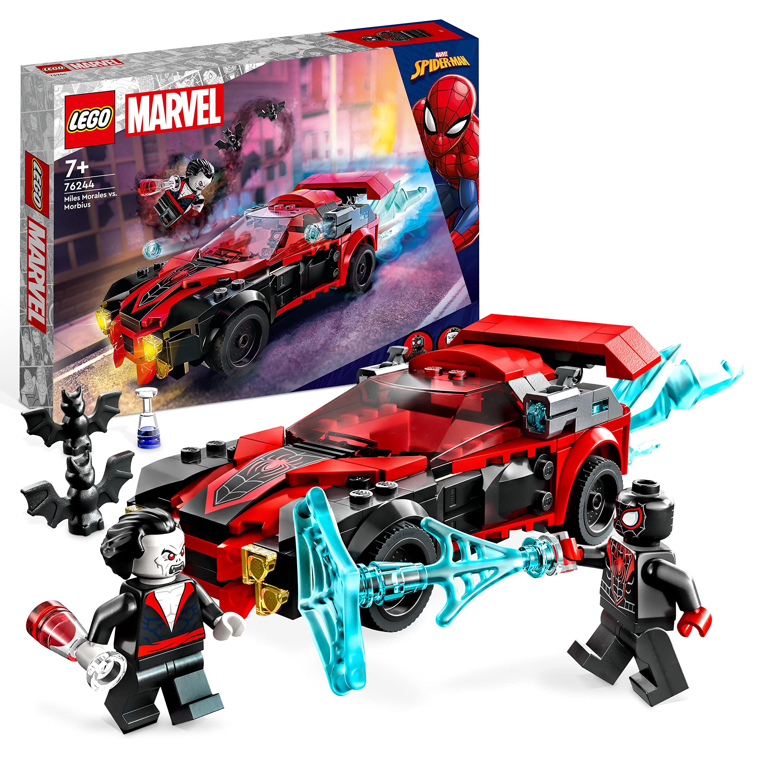 LEGO 76244 Marvel Miles Morales vs. Morbius, Spider-Man Building Toy for Boys and Girls with Race Car and Minifigures, Adventures in the Spiderverse Set