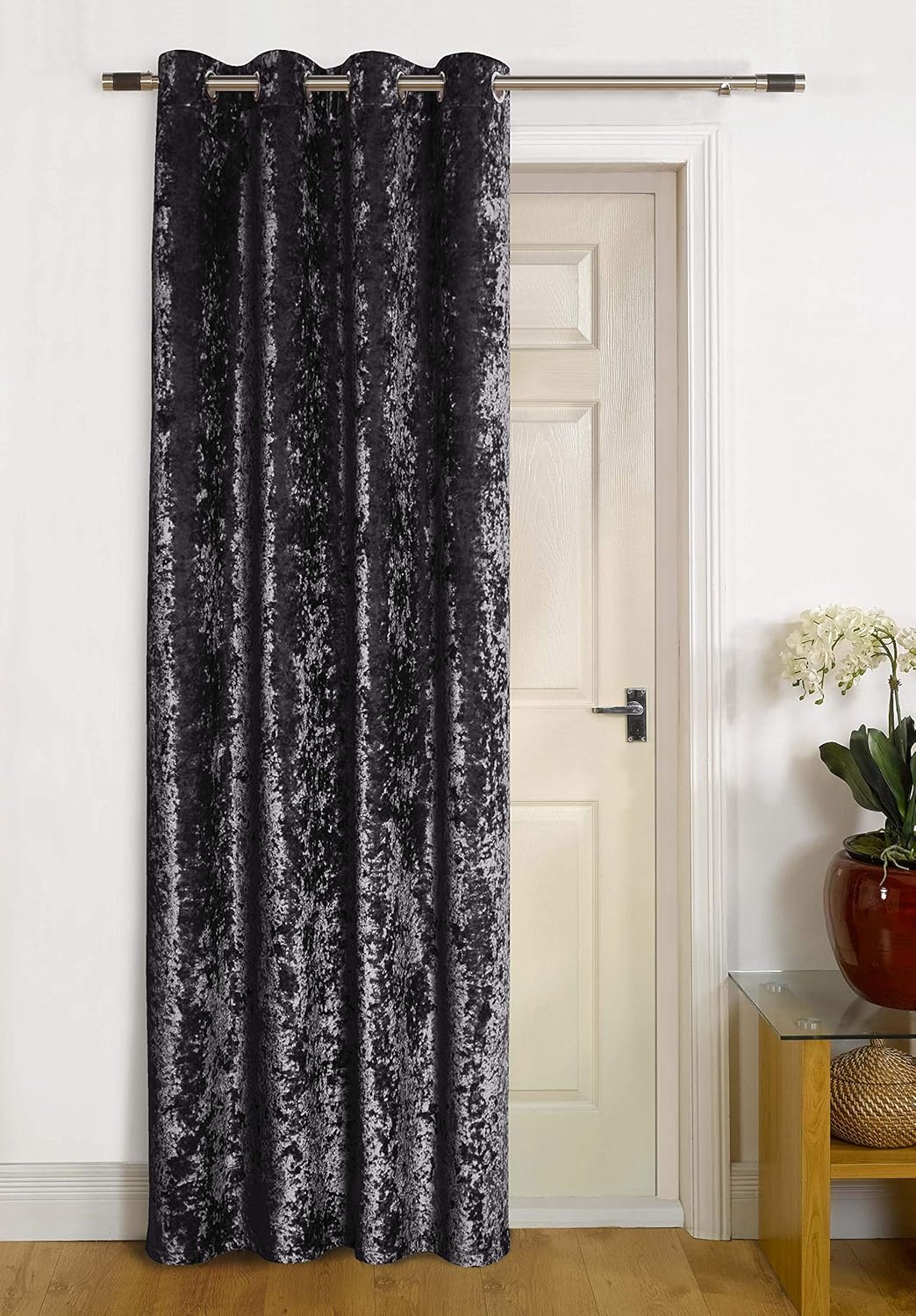 Agra Charcoal Thermal Door Curtain Crush Velvet Fabric Reduces