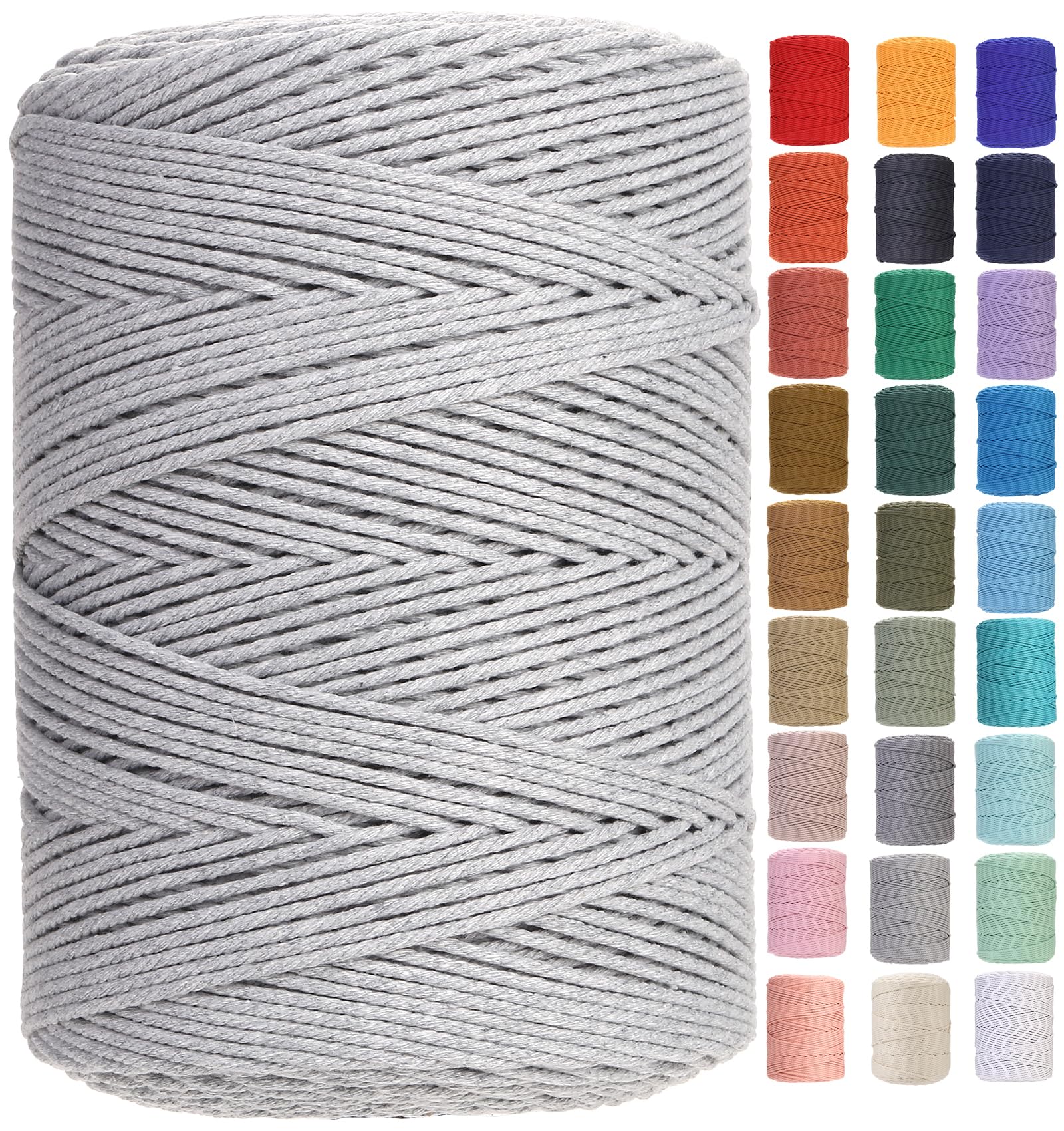 GOHOF 3mm x 450m Premium Cotton Macrame Rope, 4 Strand Twisted Soft Cotton Cord, Perfect for Macrame Art, Light Grey — image 1