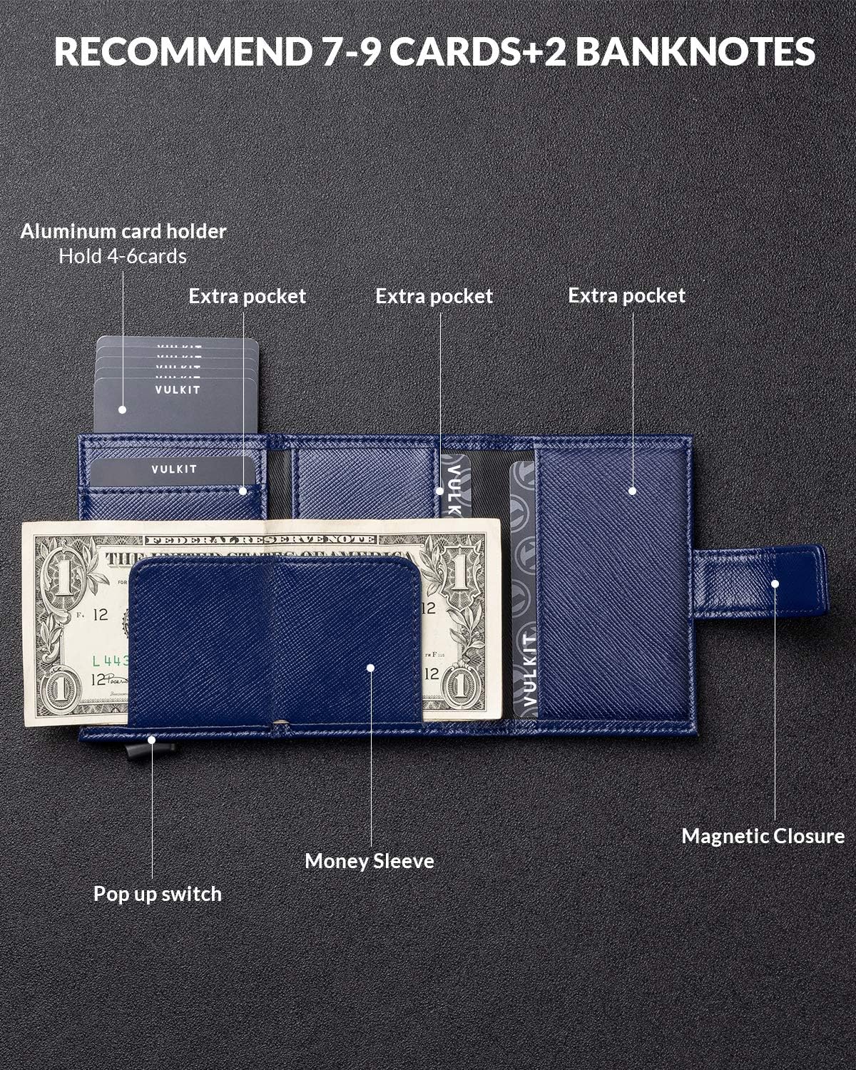 VULKIT Credit Card Holder RFID Blocking Pop Up Leather Slim Mens Women Wallet with Banknote Pockets & Magnetic Closure - Image 3