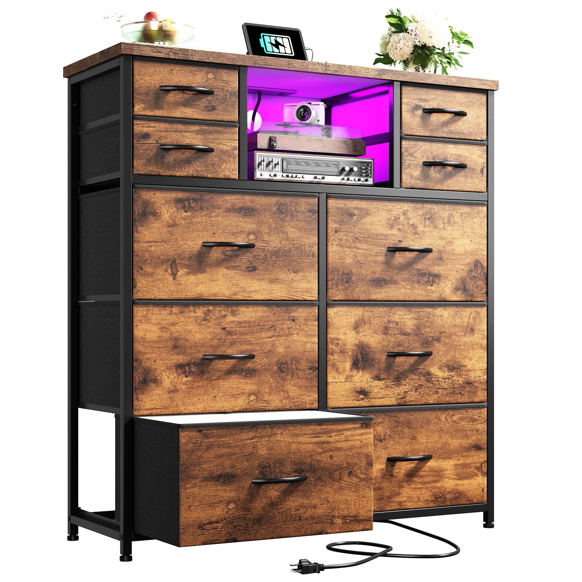 Romorgniz Dresser for Bedroom with 10 Drawers Featuring LED Light and Power Outlet, Fabric Dressers & Chest of Drawers with Open Shelves for Hallway, Living Room, Steel Frame,Wood Top, Rustic Brown