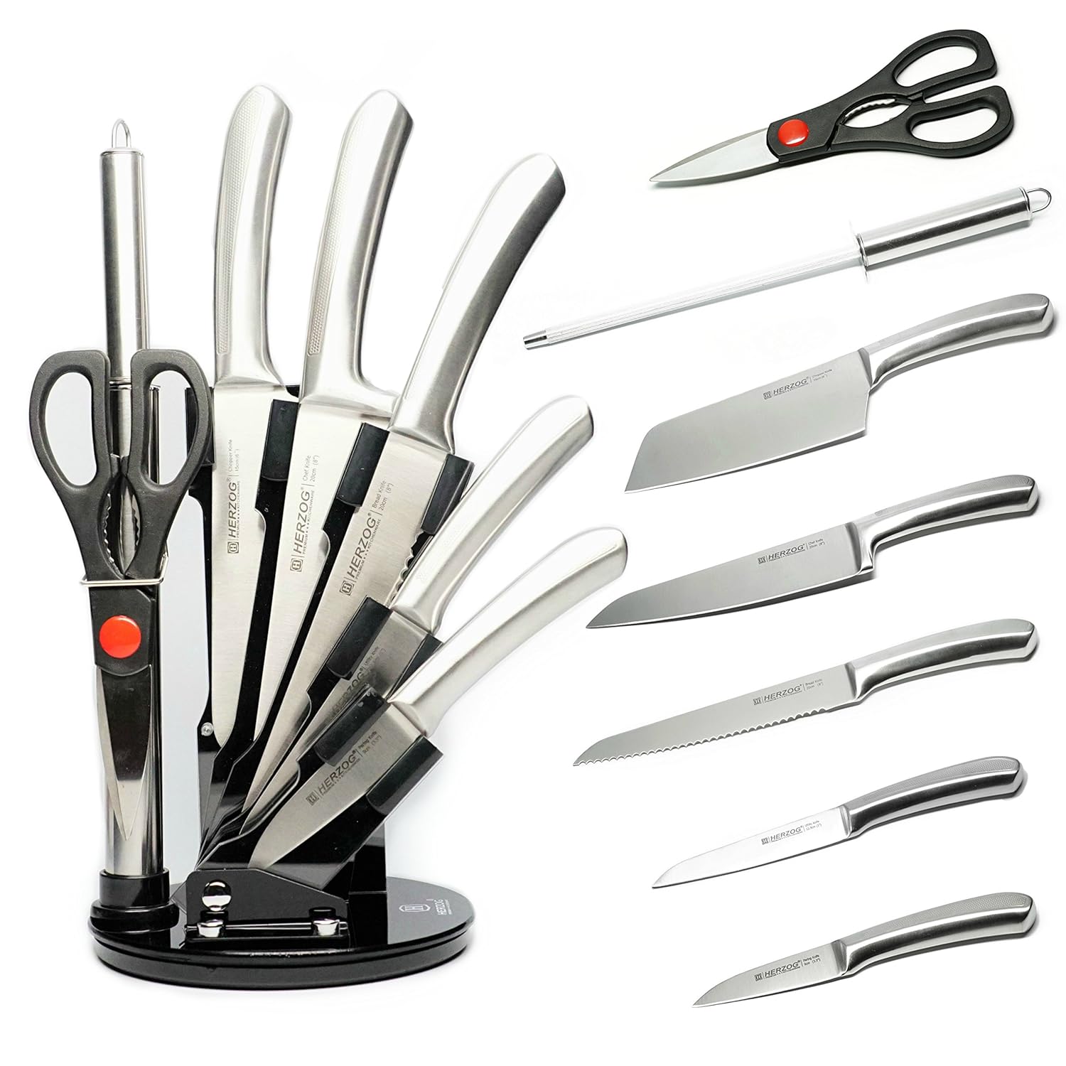 Imperial Collection HR-M8-NSS Herzog 8 Piece Professional Stainless Steel Kitchen Knife Set - Black Acrylic Knife Block Stand (Silver)