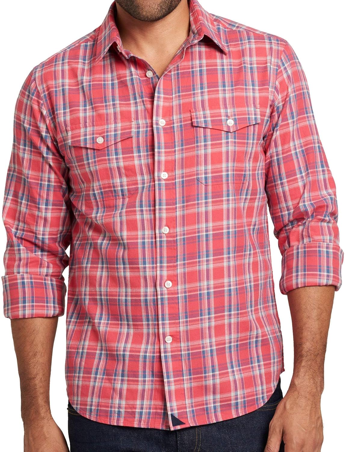 UNTUCKit Ojai Untucked Shirt for Men, Red White and Navy Plaid, 100
