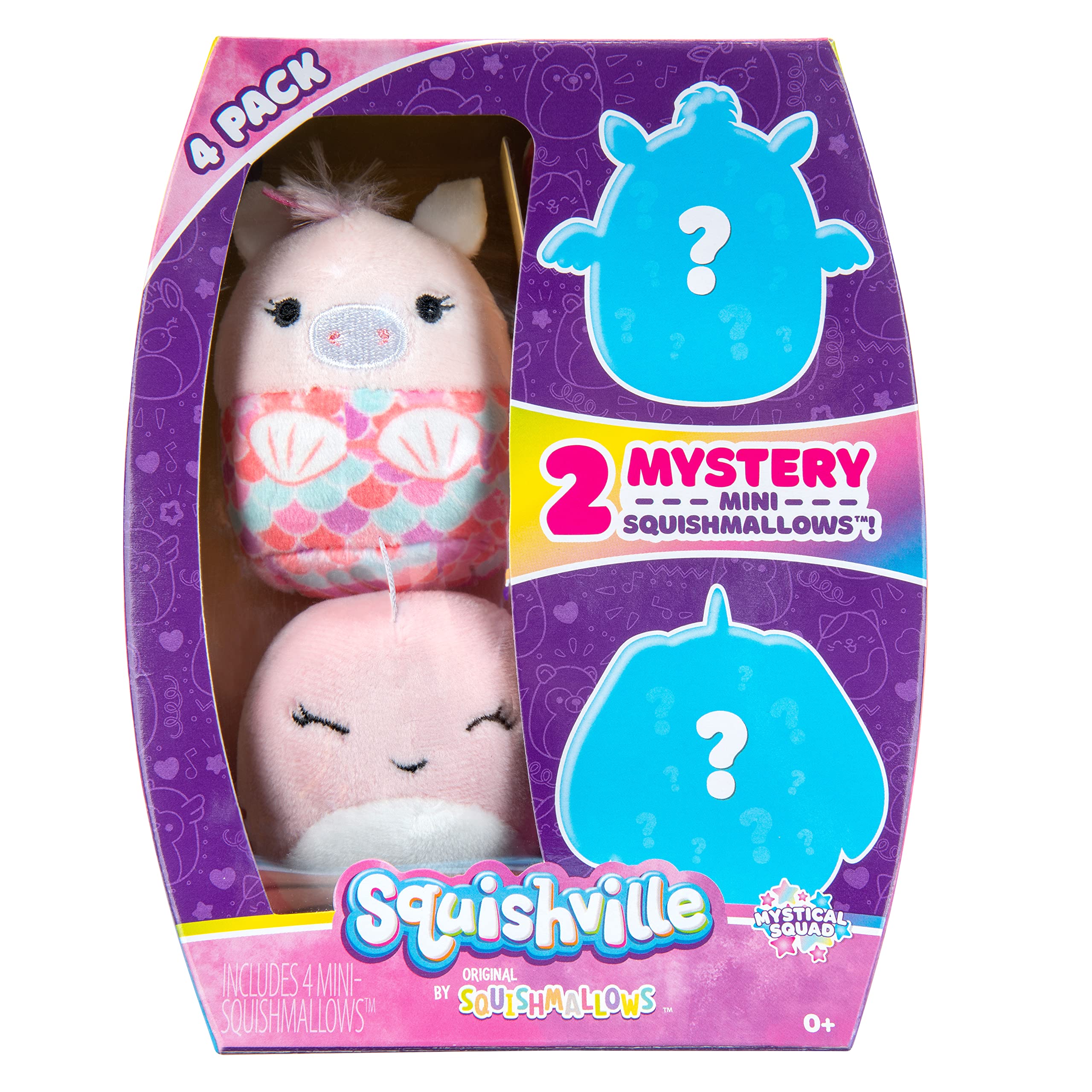 Squishville by Squishmallows SQM0213 by Original Squishmallows Mystical Squad-Four 2-Inch Makena, Paloma, Gelina & Davina Plush-Toys for Kids