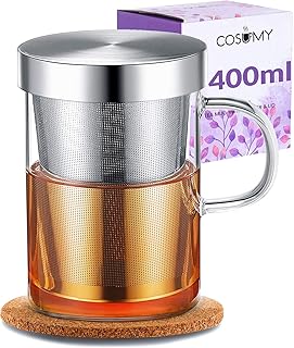 Cosumy Teetasse mit Sieb und Deckel - inkl. Untersetzer - Borosilikat Glas - Tasse 400ml Groß